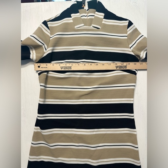 Vintage Mod Style Knit Dress Striped Beige Black White Mock Neck Short SleeveM/L - Picture 4 of 7
